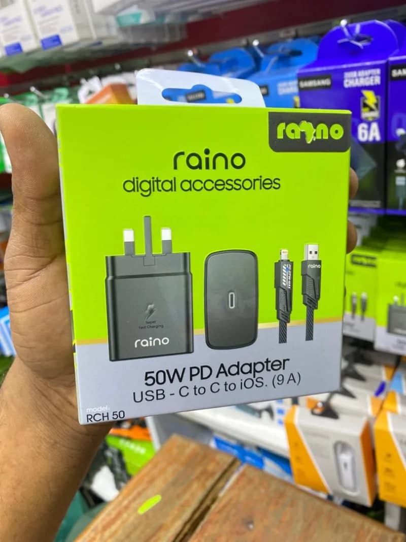 Raino 50W PD Adapter (model RCH 50) with a USB-C to C to iOS cable.