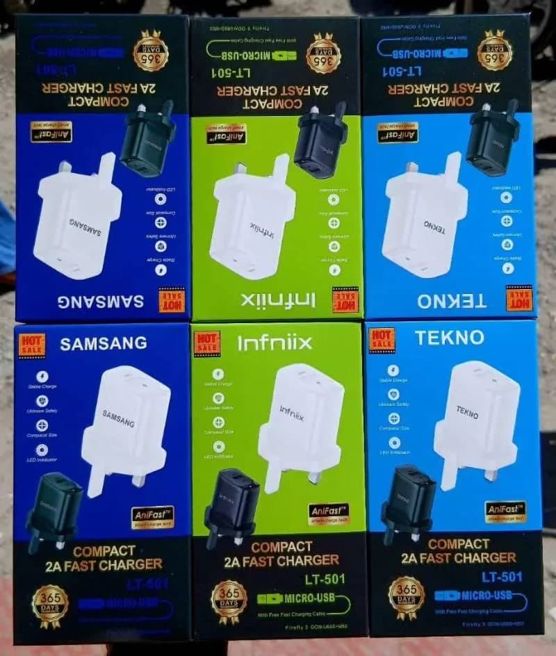Infinix, Samsung, and Tecno 2A AniFast compact charger adapter.